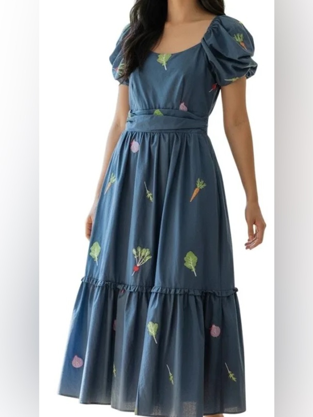 Ciebon Vegetable Garden Blue Puff-Sleeve Maxi Dress